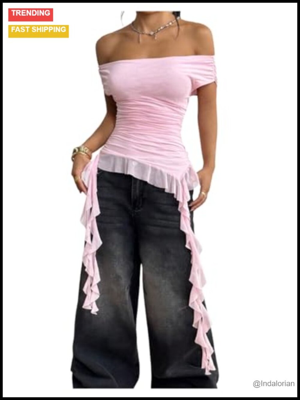 Off The Shoulder Asymmetrical Top Y2k Ruffle Ruched Mesh Slim Fit Short Sleeve